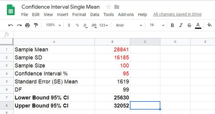 Confidence Interval Calculation Googlesheets